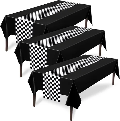 Miniatura 10 de Tallew Suministros de fiesta de automóvil a cuadros, mantel desechable de plástico para mesa de carreras en blanco y negro, camino de mesa