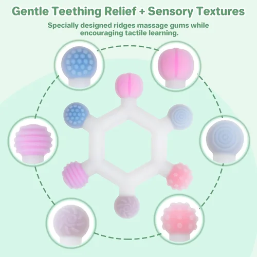 Miniatura 4 de Meartchy Paquete de 3 juguetes de dentición para bebés, juguetes de silicona sin BPA, juguetes para morder para bebés, alivio de la dentición