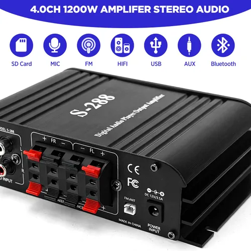 Miniatura 6 de Amplificador de Audio para el Hogar de 1200W, 4 Canales, Amplificador Pequeño Bluetooth5.0, RMS 45Wx4, Potencia Pico 300W*4, Receptor Estéreo