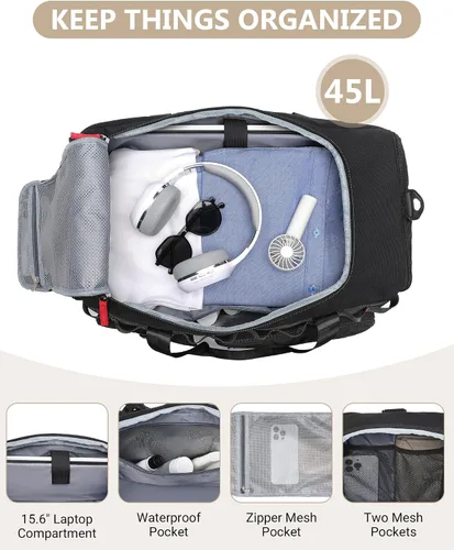 Miniatura 5 de Bolsas de gimnasio para hombres y mujeres, 45L grande de viaje de fin de semana, mochila deportiva con zapatos y compartimento para laptop, bolsa