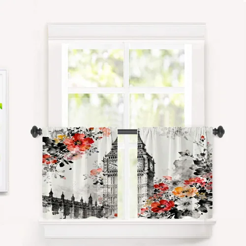 Miniatura 85 de Cortinas opacas de cocina con pintura al óleo de Europa rosa y negra para ventanas, cenefas opacas modernas de torre Eiffel de poliéster multicapa