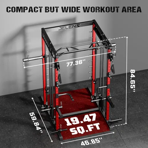 Miniatura 9 de JELENS M21 - Máquina Smith, jaula de potencia multifunción con sistema de cruce de cable de polea doble, banco de sentadillas todo en uno de 907 kg