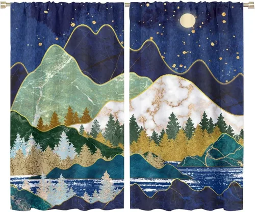 Miniatura 46 de Cortinas opacas con bolsillo para cortinero de montaña forestal, para sala de estar, oscurecimiento de la habitación, estilo japonés, paisaje