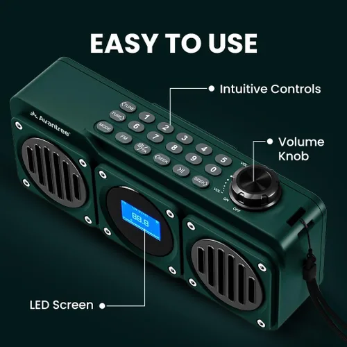 Miniatura 7 de Avantree Boombyte - Radio FM portátil y altavoz Bluetooth con excelente sonido estéreo, acabado de metal, tiempo de reproducción recargable largo