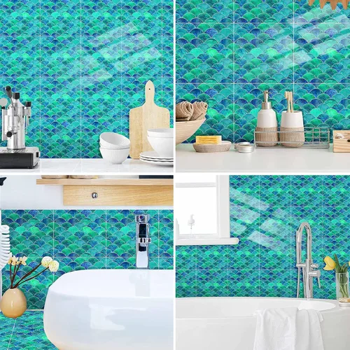 Miniatura 5 de Hyun-chae - 6 calcomanías de escamas de peces de 12 x 12 pulgadas, color azul, removibles, impermeables, autoadhesivas, para cocina, muebles de baño
