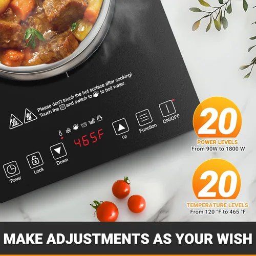 Miniatura 2 de AMZCHEF Placa de inducción portátil con 20 niveles de temperatura y potencia, quemador de estufa de inducción de 1800 W con bobina de calefacción