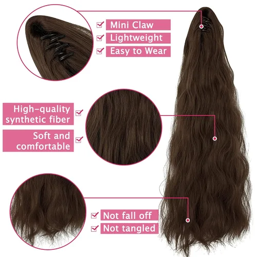 Miniatura 4 de OMGREAT Extensión de cola de caballo con clip de garra de 18 pulgadas, extensiones de cabello rizado ondulado largo para mujer, clip de mandíbula