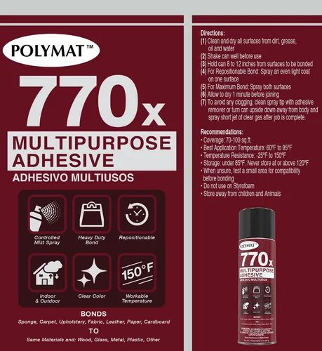 Miniatura 2 de Polymat 770x Pegamento en aerosol permanente multiusos Pegamento adhesivo en aerosol, papel, cartón, tela, plástico, metal, madera (1)