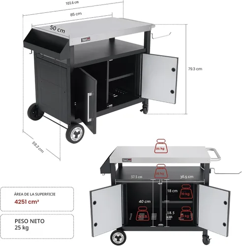Miniatura 2 de Carro de parrilla al aire libre con ruedas, isla de cocina móvil con gabinete de almacenamiento para barbacoa, mesa de carrito de comedor de acero