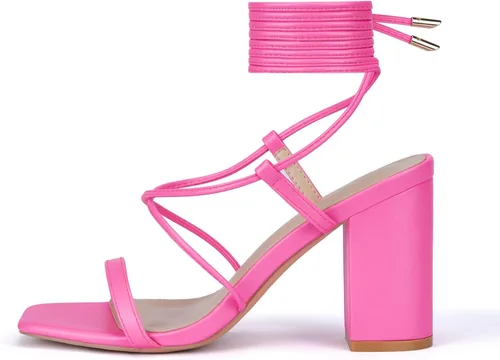 Miniatura 6 de GENSHUO Sandalias de punta cuadrada para mujer, con cordones, tacones altos gruesos, sandalias de tacón de bloque, zapatos de vestir de boda, Rosa