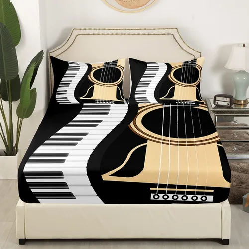Miniatura 2 de Erosebridal Sábanas de guitarra tamaño individual para niños y niñas, sábanas de teclados de piano, sábanas bajeras con temática musical