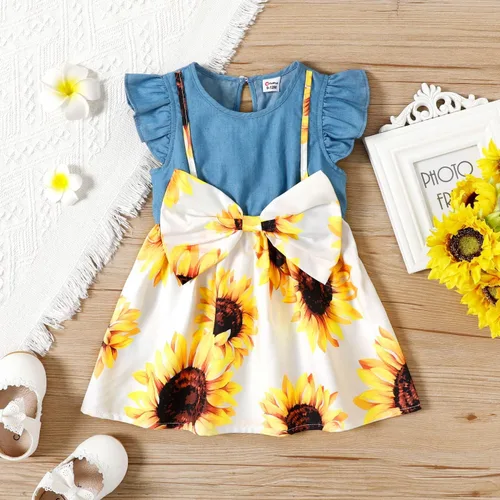 Miniatura 4 de PATPAT Vestidos de verano sin mangas para niña pequeña, ropa de verano para bebé, mezclilla con lazo, falda floral, vestido de verano de 3 a 24 meses