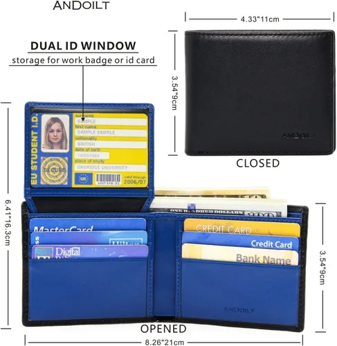 Miniatura 5 de ANDOILT Cartera de piel auténtica para hombre, con bloqueo RFID, plegable, elegante, con 2 ventanas de identificación, Negro&azul, Compacto