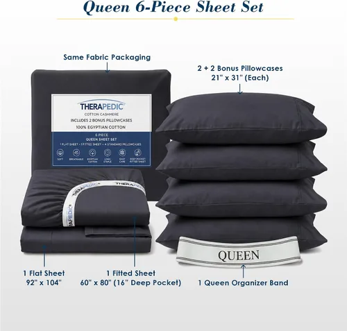 Therapedic Juego de sábanas de 6 piezas 100% algodón egipcio, satén natural refrescante y transpirable, lavado de ropa preencogido, sábana bajera de
