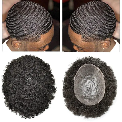 Miniatura 15 de Afro Toupee para hombres negros, rizado brasileño, pieza de cabello humano afroamericano afro ondulado para hombre, sistema de reemplazo de piel