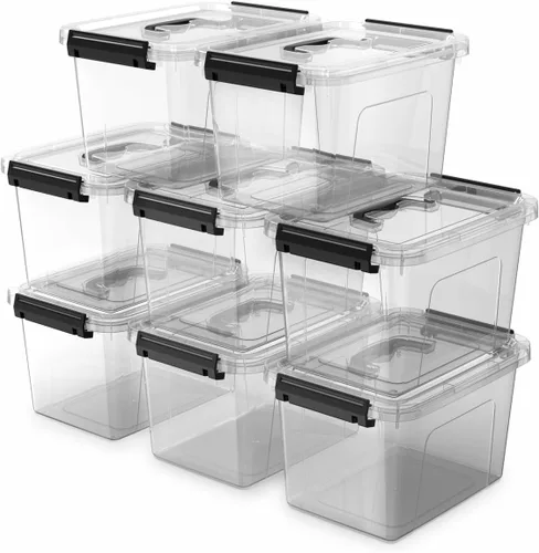 Paquete de 8 contenedores de almacenamiento con tapas/asa, caja organizadora de plástico transparente de 5 cuartos de galón, contenedores de