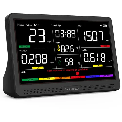 Monitor de calidad del aire 16 en 1 para interiores, pantalla de 7 pulgadas, 9 alertas AQI+7 AQI, monitor de CO2 probador de calidad del aire para