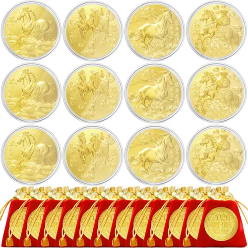 Moneda de caballo chino de 12 juegos 2026 Año del Caballo Moneda del Zodiaco Moneda de oro de la suerte china con 12 bolsas de cordón rojo, regalos