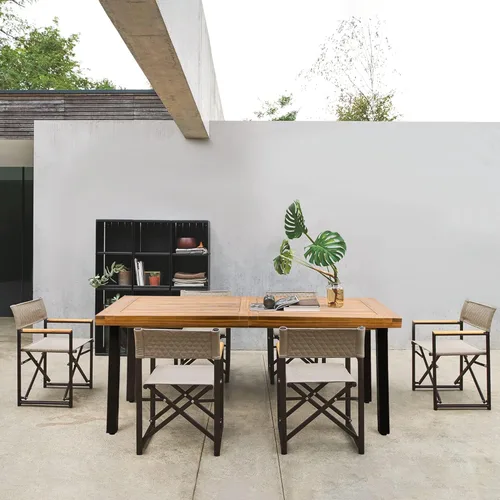 Flamaker Mesa de comedor para 6 personas de madera de acacia para interiores y exteriores, mesa de cocina con patas de hierro, mesa rectangular