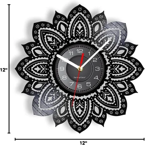 Miniatura 10 de Reloj de pared de disco de vinilo con forma de loto de mandala de 12 pulgadas, diseño moderno de flor, silencioso, de cuarzo, sin tictac, reloj