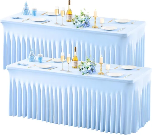Miniatura 16 de Wish Care Paquete de 2 manteles de elastano elástico azul bebé para mesas rectangulares de 4 pies, manteles ajustables sin arrugas de 4 pies