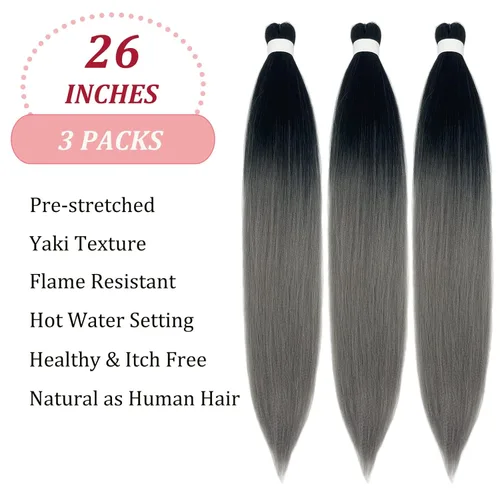 Miniatura 2 de Cabello trenzado gris degradado preestirado Kanekalo gris trenzado preestirado degradado de 26 pulgadas, extensiones de cabello sintético