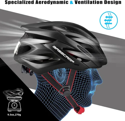 Miniatura 8 de Basecamp Casco de bicicleta para mujeres y hombres con luz LED de seguridad extraíble, visera solar, casco de bicicleta ligero, ajustable, Negro
