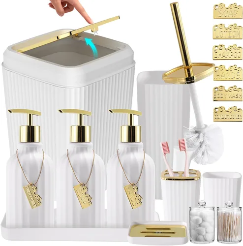Miniatura 36 de 21PCS Bathroom Sets with Shower Curtain and Rugs Bathroom Accessories Set Beige Bathroom Set Complete with Trash Can, Toilet Brush, Qtip Holder &