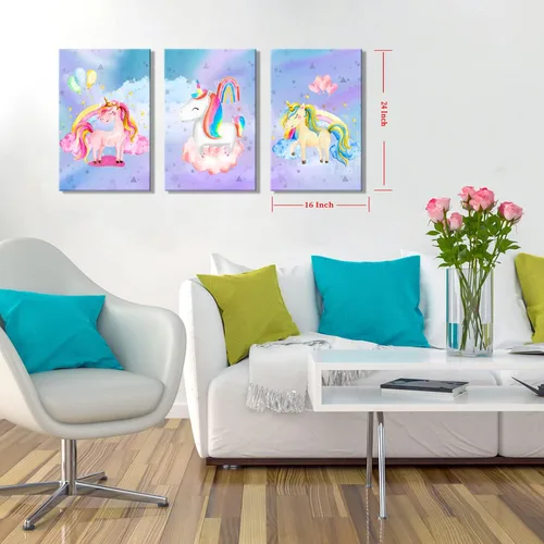 Miniatura 2 de YUANAND Arte de pared de unicornio para dormitorio de niña, cuadros de lienzo de arcoíris para decoración del hogar del cuarto del bebé, carteles