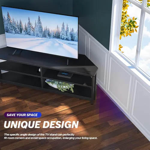 Miniatura 2 de Unikito Soporte esquinero de TV con toma de corriente, mesa de esquina para centro de entretenimiento con 4 estantes abiertos, mueble de TV
