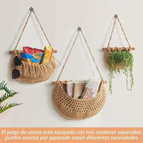 Miniatura 5 de Cesta de frutas colgante, organizador de 3 niveles sobre la puerta, cestas de pared de yute tejidas a mano para organizar, decoración BOHO