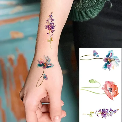 Miniatura 2 de COKTAK Lavander Tatuajes temporales de colibrí de flores.