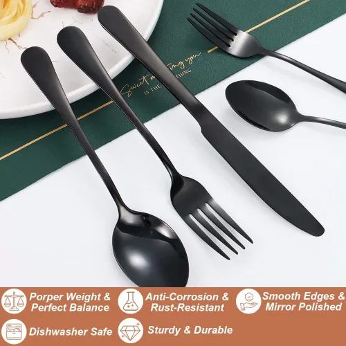 Miniatura 3 de Lazycorner - Juego de cubiertos negros de 20 piezas para 4, juego de cubiertos de acero inoxidable pulidos al espejo, tenedor, cuchillo, cuchara