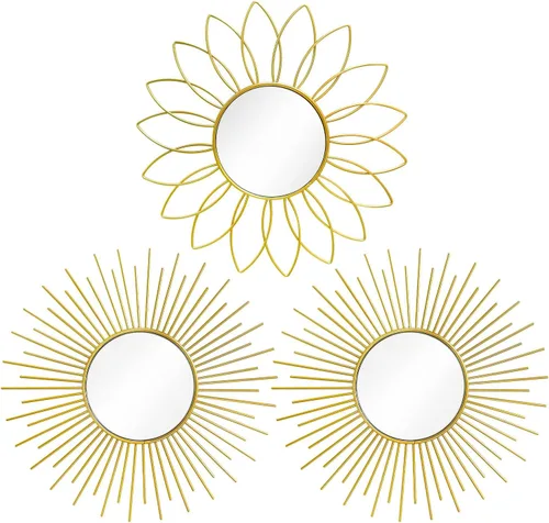 Miniatura 22 de Paquete de 3 espejos metálicos para pared, con diseño de rayos de sol, para decoración del hogar, arte decorativo para colgar en la pared para sala