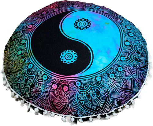 Funda redonda para cojín de mandala, estilo hippie, bohemio, otomana, con pompones, funda decorativa, boho, india, 22 pulgadas (multicolor Yin yang)