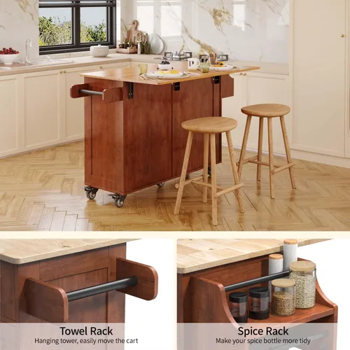 Miniatura 4 de Aiho Carrito de isla de cocina con almacenamiento, carritos móviles de 52 pulgadas con mesa de cocina rodante con toallero, estante de especias