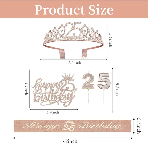 Miniatura 2 de Decoraciones de cumpleaños de 25 años para niñas; banda, corona/tiara, velas y adorno para pastel de cumpleaños de 25 años; regalos y decoraciones