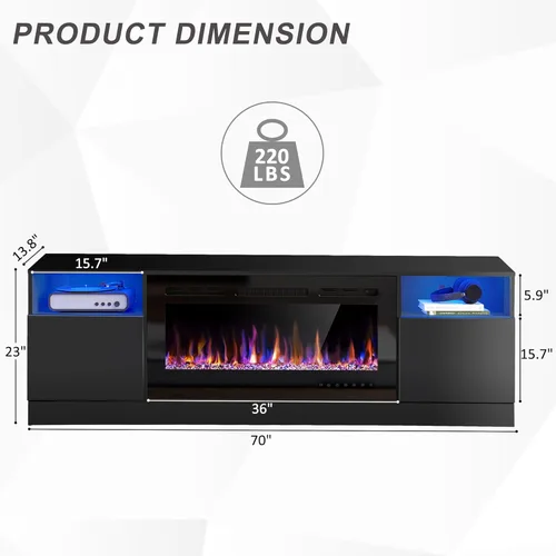 Miniatura 5 de Spurgehom Soporte de TV con chimenea de 70 pulgadas para televisores de hasta 80 pulgadas con chimenea eléctrica de 36 pulgadas, consola de TV
