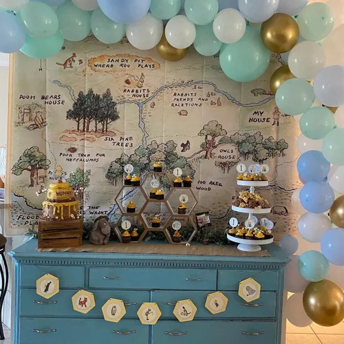 Miniatura 5 de Telón de fondo de oso de bosque de 100 acres para baby shower, 7 x 5, fondo de oso feliz cumpleaños, oso para el hogar, mapas, fondos para niños