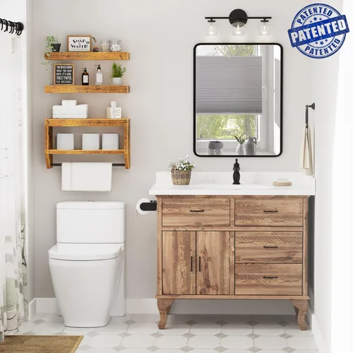 Miniatura 2 de QEEIG Estantes flotantes de baño para pared - Estante sobre inodoro para almacenamiento de papel higiénico estilo granja, 16 pulgadas, juego de 3