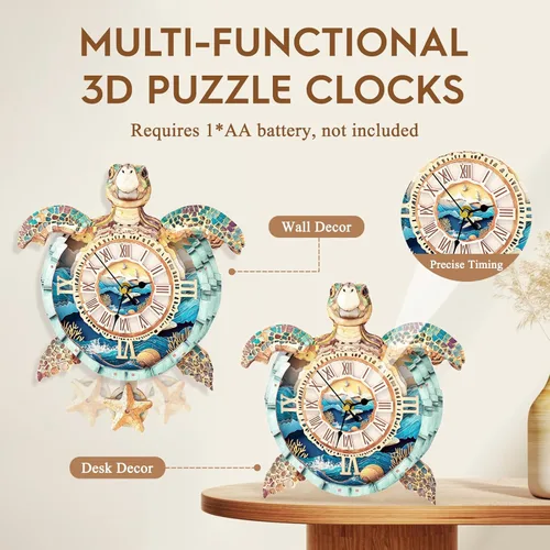 Miniatura 5 de Rompecabezas 3D para adultos, diseño de tortuga, kit de modelo, reloj mecánico de péndulo con números romanos, decoración de escritorio, hogar