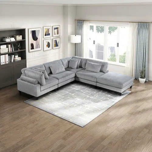 Miniatura 30 de Lexicon Sofá modular de 120 pulgadas, sofá modular de microfibra de gran tamaño de 4 plazas en forma de L, 6 almohadas decorativas y arreglo Beige