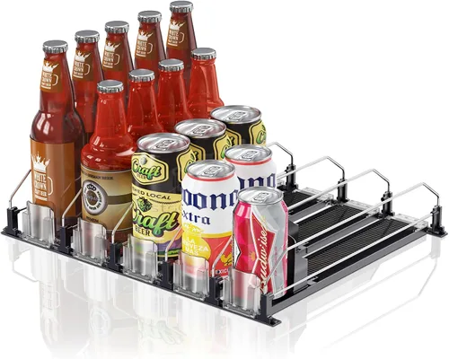Organizador de Bebidas para Refrigerador, 12oz 16oz 20oz - Dispensador de Latas de Refresco para Refrigerador, Ancho Ajustable, Deslizador Negro