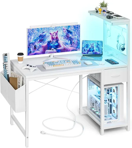 Miniatura 10 de Grandder - Escritorio de juegos de 40 pulgadas con toma de corriente y luz LED, escritorio para computadora con estantes reversibles y cajón