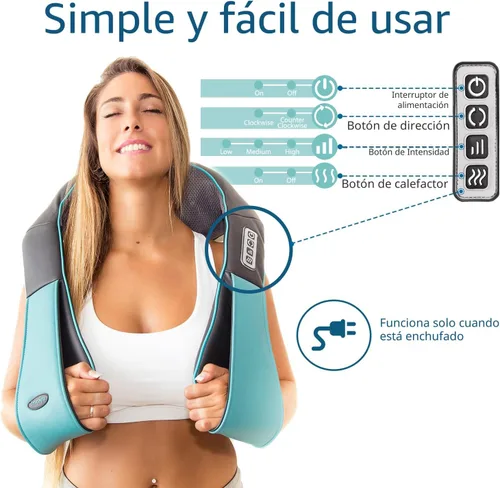 Miniatura 2 de Masajeador shiatsu de hombro y cuello con calor, almohada masajeadora para tejido profundo para aliviar el dolor del cuello, la espalda y los Azul