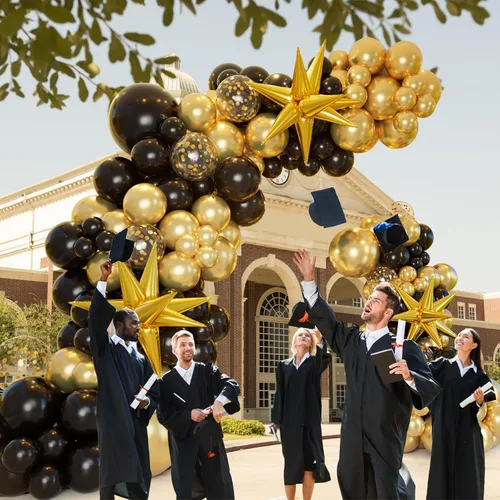 Miniatura 2 de Kit de arco de guirnalda de globos negros y dorados con globos de estrella en explosión, globos de látex de confeti de oro negro de 5/10/12/18
