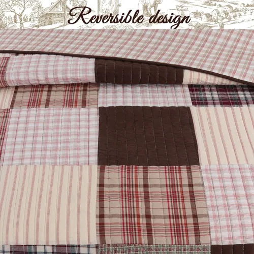 Miniatura 4 de Cozy Line Home Fashions Colcha Reversible de Retazos Reales Hechos a Mano Brody Farmhouse Chocolate a Cuadros y Rayas, Juego de Ropa de Cama