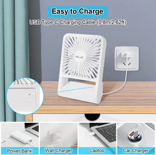 Miniatura 4 de ELZO Ventilador de viaje, mini ventilador de escritorio plegable, funciona con pilas, 3 velocidades ajustables de inclinación de 225°, ventilador