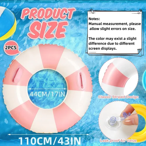 Miniatura 3 de 2PCS XL Stripe Pool Swim Ring with Handles Inflatable Pool Floats 45 Inch Water Fun Large Adult Swimming Pool Float for Beach Lake Summer Party