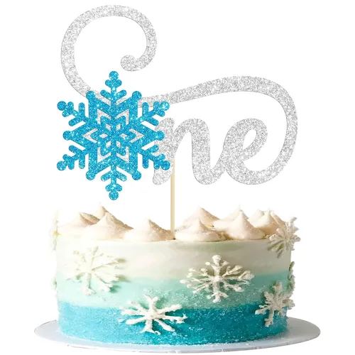 Gyufise Decoración de copo de nieve para tarta, color azul plateado, para invierno, Onederland, 1er cumpleaños, decoración de pastel para invierno,
